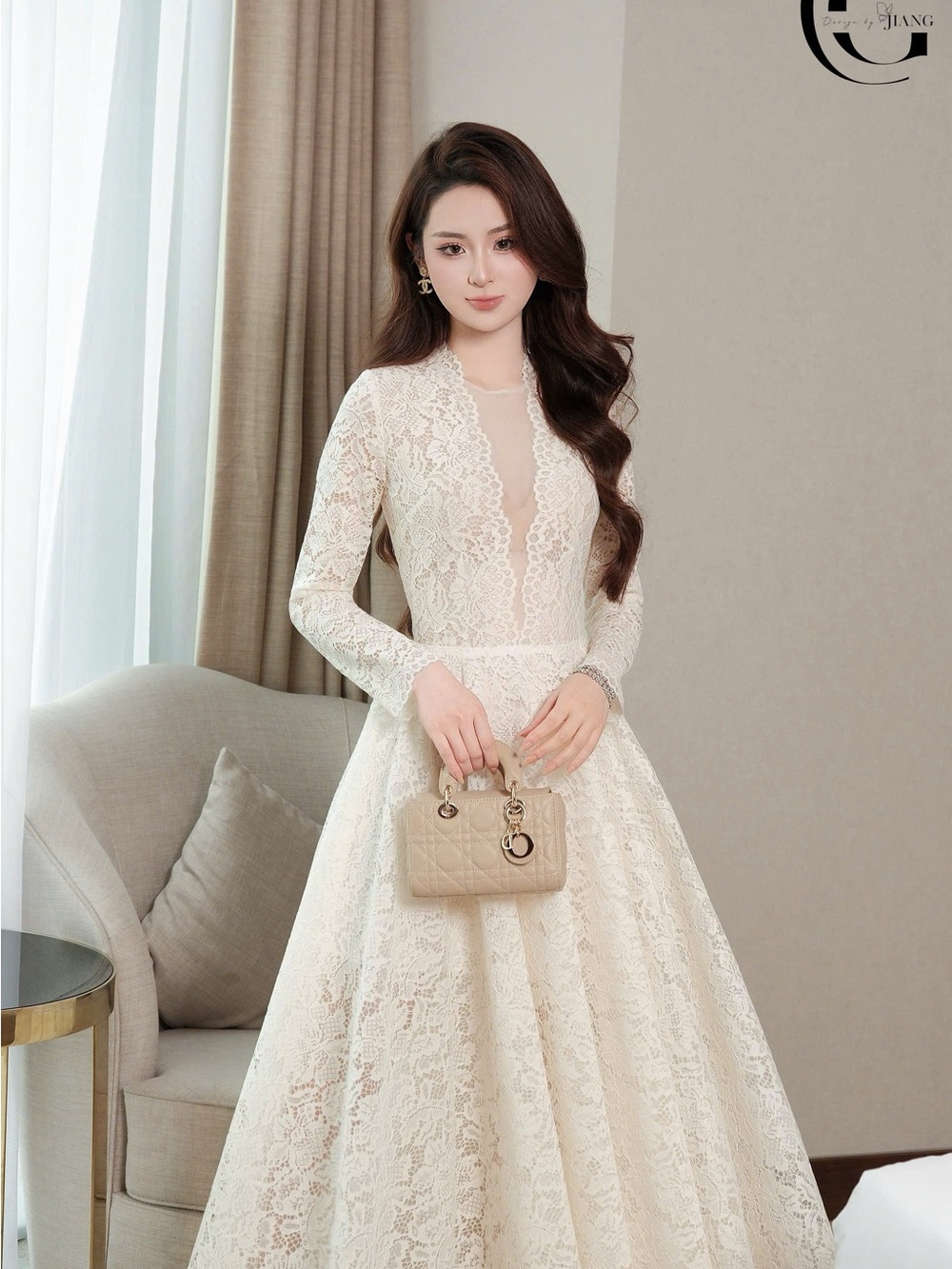 Elegant Ivory Lace Long-Sleeve V-Neck Gown